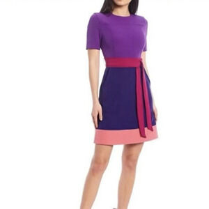 New LDT Dress Women’s Color-block Short Sleeve Belted Crew-neck 14 MSRP:$199